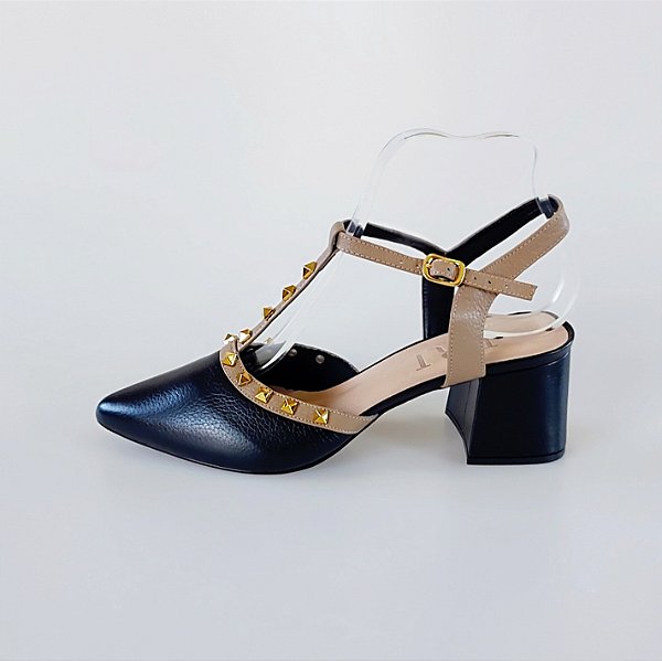 SCARPIN SALTO BAIXO BLOCO COURO PRETO NUDE ESCURO CONFORTAVEL