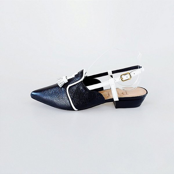 SCARPIN SALTO BAIXO BLOCO COURO PRETO BRANCO CONFORTAVEL
