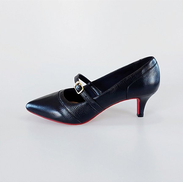 SCARPIN SALTO BAIXO FINO COURO PRETO VERMELHO CONFORTAVEL
