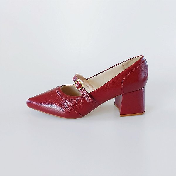SCARPIN SALTO BAIXO BLOCO COURO VINHO CONFORTAVEL