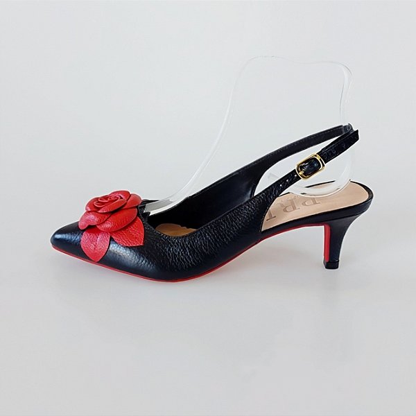 SCARPIN SALTO BAIXO FINO COURO PRETO VERMELHO CONFORTAVEL