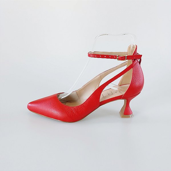 SCARPIN SALTO BAIXO TACA COURO VERMELHO CAMPARI CONFORTAVEL