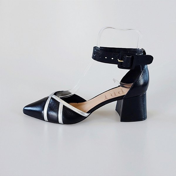 SCARPIN SALTO BLOCO COURO PRETO PRATA CONFORTAVEL