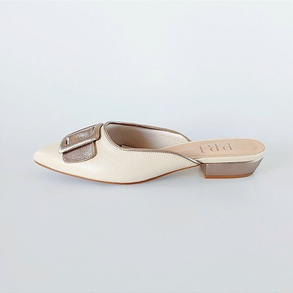 MULE SALTO BAIXO BLOCO COURO OFF WHITE PRATA VELHA CONFORTAVEL