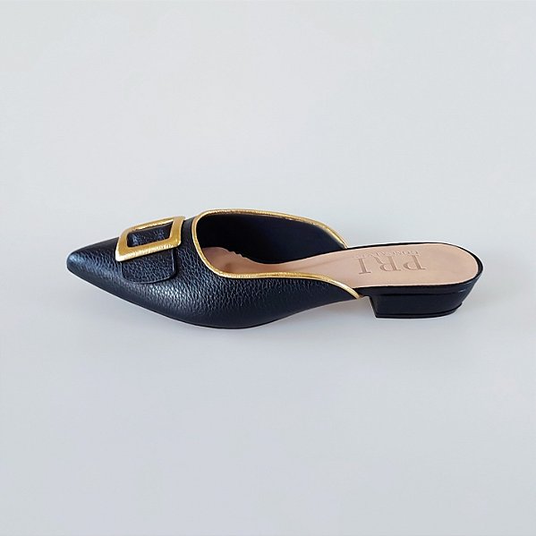 MULE SALTO BLOCO COURO PRETO DOURADO CONFORTAVEL