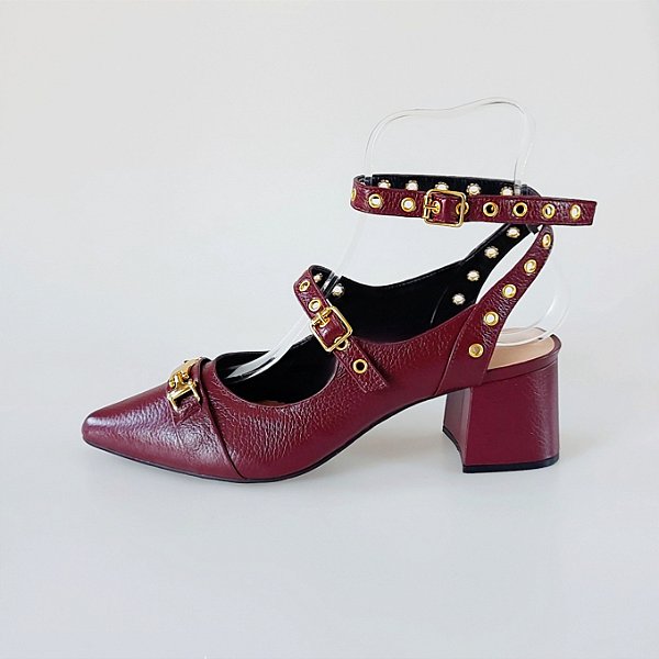 SCARPIN SALTO BLOCO COURO MARSALA CONFORTAVEL
