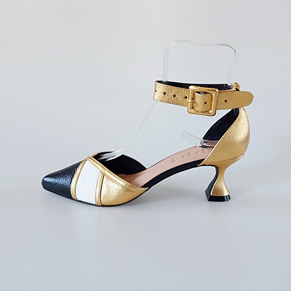 SCARPIN SALTO TACA COURO DOURADO BRANCO PRETO CONFORTAVEL