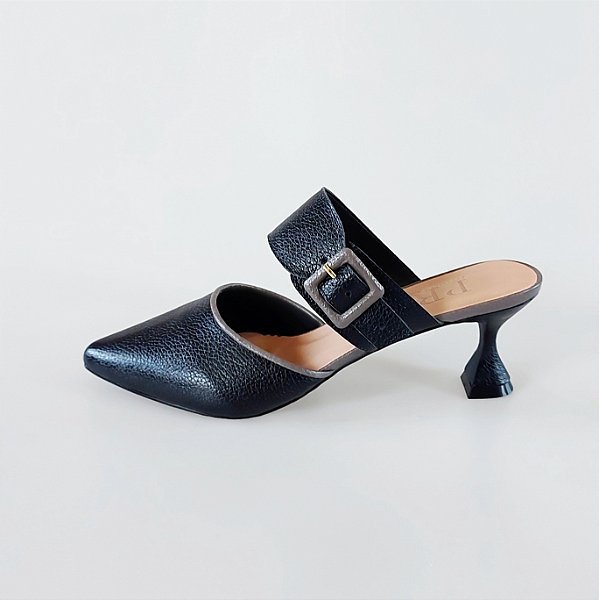 MULE SALTO TACA COURO PRETO CINZA CONFORTAVEL