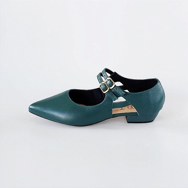 SCARPIN SALTO BAIXO BLOCO COURO VERDE MILITAR CONFORTAVEL