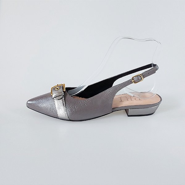 SCARPIN SALTO BLOCO COURO CINZA METALIZADO GRAFITE CONFORTAVEL