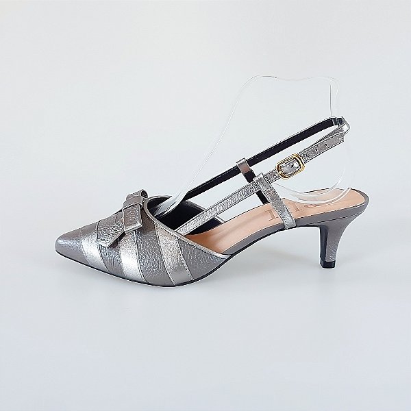 SCARPIN SALTO FINO COURO CINZA METALIZADO GRAFITE CONFORTAVEL