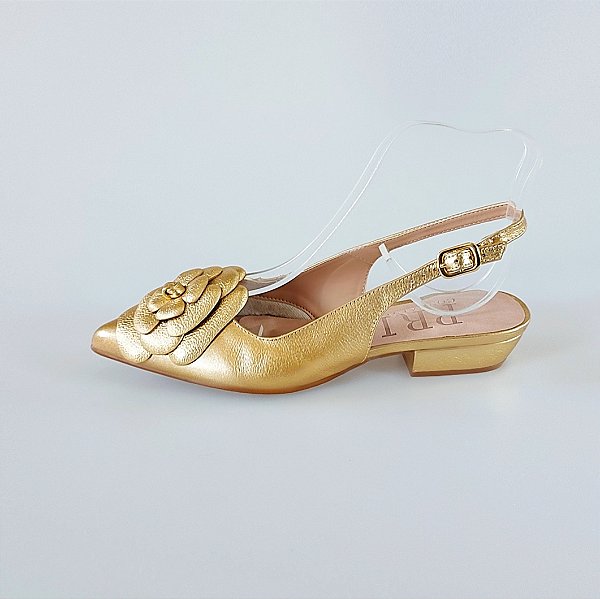 SCARPIN SALTO BLOCO COURO DOURADO CONFORTAVEL