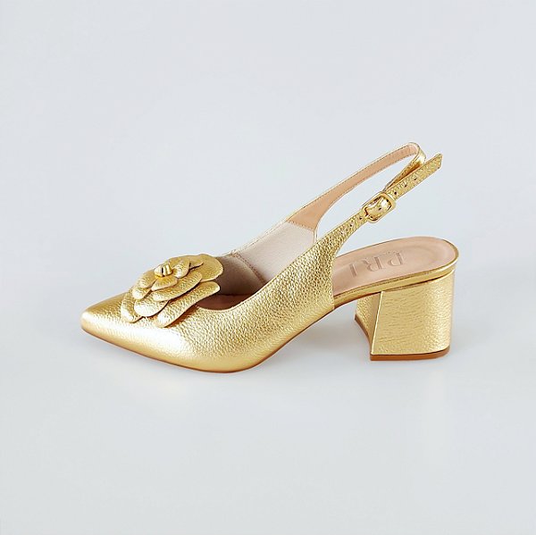 SCARPIN SALTO BLOCO COURO DOURADO CONFORTAVEL