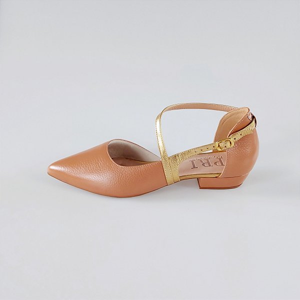 SCARPIN SALTO BLOCO COURO NUDE MEDIO DOURADO CONFORTAVEL