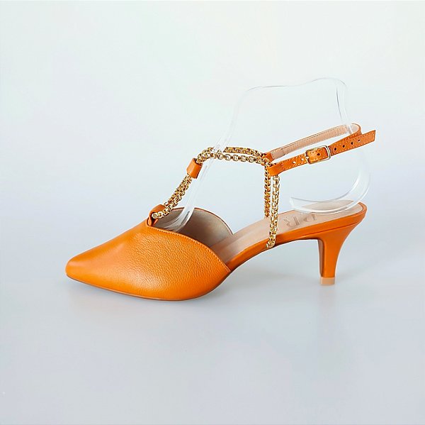 SCARPIN SALTO FINO COURO LARANJA CONFORTAVEL