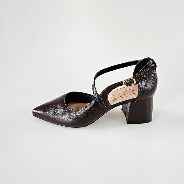 SCARPIN SALTO BLOCO COURO CAFE CONFORTAVEL