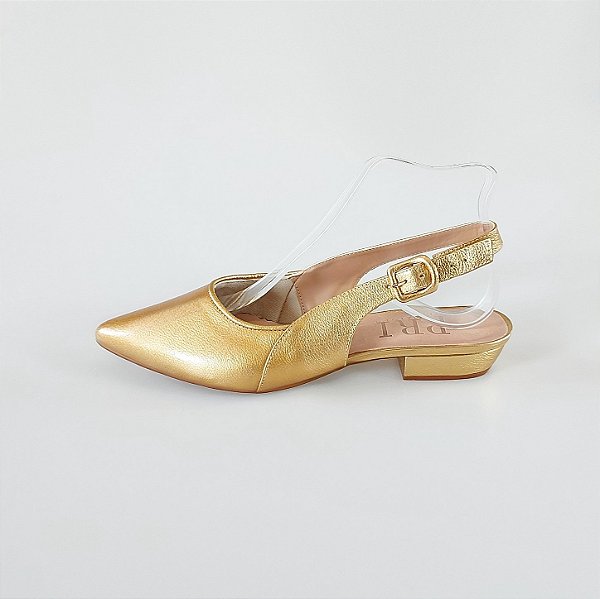 SCARPIN SALTO BLOCO COURO DOURADO CONFORTAVEL