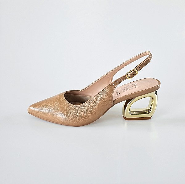 SCARPIN SALTO GEOMETRICO COURO NUDE ESCURO CONFORTAVEL