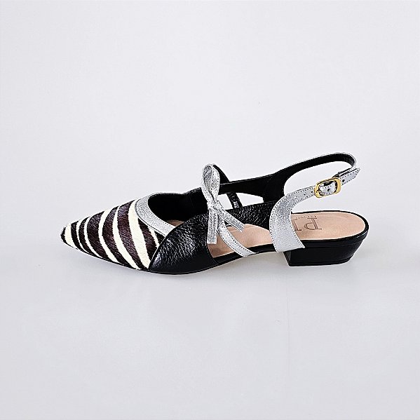 SCARPIN SALTO BLOCO COURO ZEBRA PRETO PRATA CONFORTAVEL