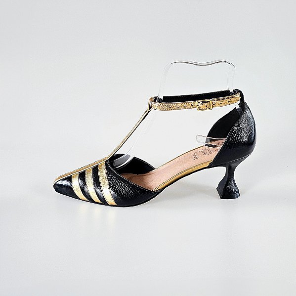 SCARPIN SALTO TACA COURO PRETO DOURADO CONFORTAVEL