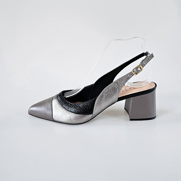 SCARPIN SALTO BLOCO COURO CINZA METALIZADO GRAFITE PRETO CONFORTAVEL