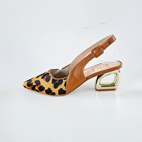 SCARPIN SALTO GEOMETRICO COURO ONCA CARAMELO CONFORTAVEL