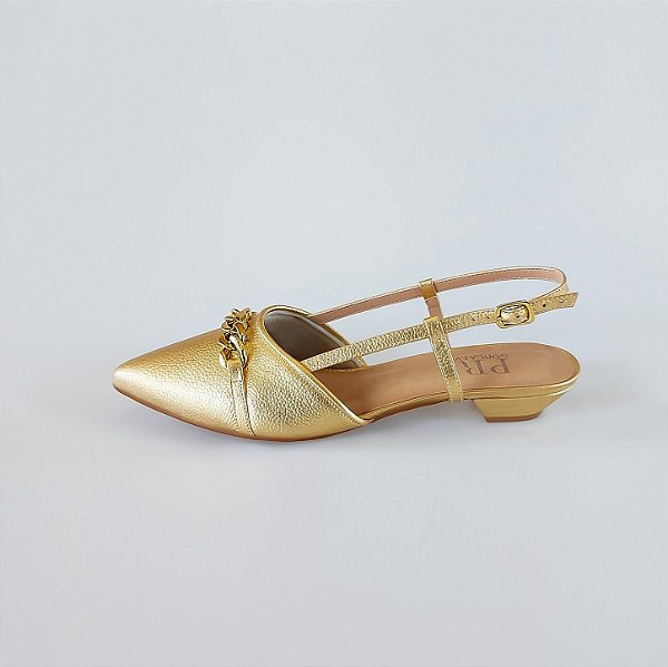SCARPIN SALTO FINO COURO DOURADO CONFORTAVEL