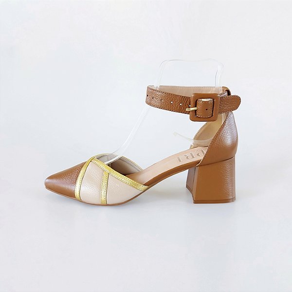 SCARPIN SALTO BLOCO COURO MARROM NUDE CLARO DOURADO CONFORTAVEL