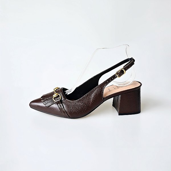 SCARPIN SALTO BLOCO COURO CAFE CONFORTAVEL