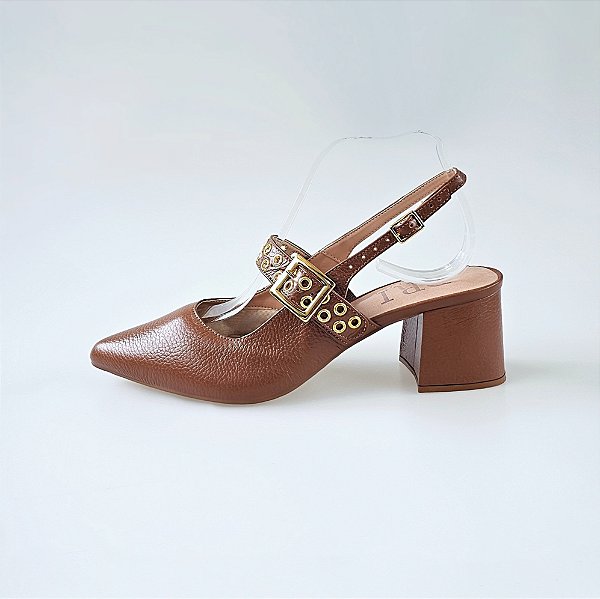 SCARPIN SALTO BLOCO COURO MARROM CONFORTAVEL