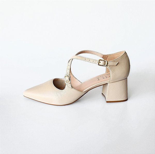 SCARPIN SALTO BLOCO COURO NUDE CLARO CONFORTAVEL