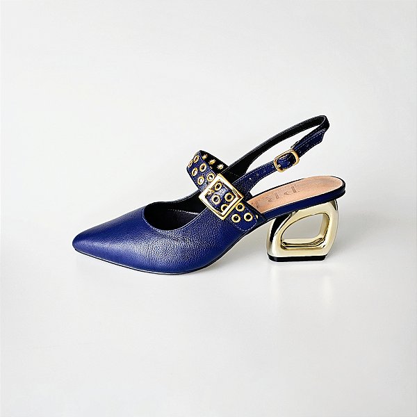 SCARPIN SALTO GEOMETRICO COURO AZUL MARINHO CONFORTAVEL