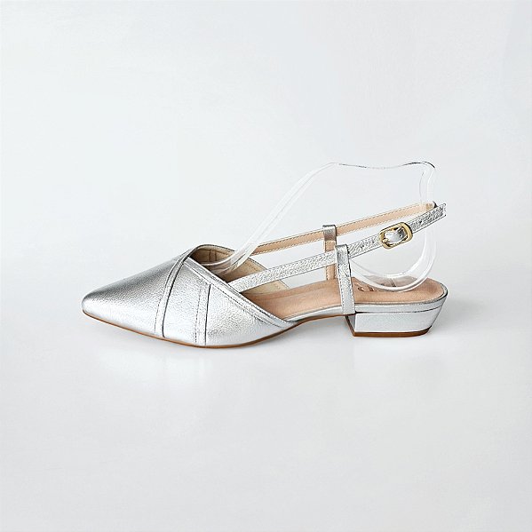 SCARPIN SALTO BLOCO COURO PRATA CONFORTAVEL