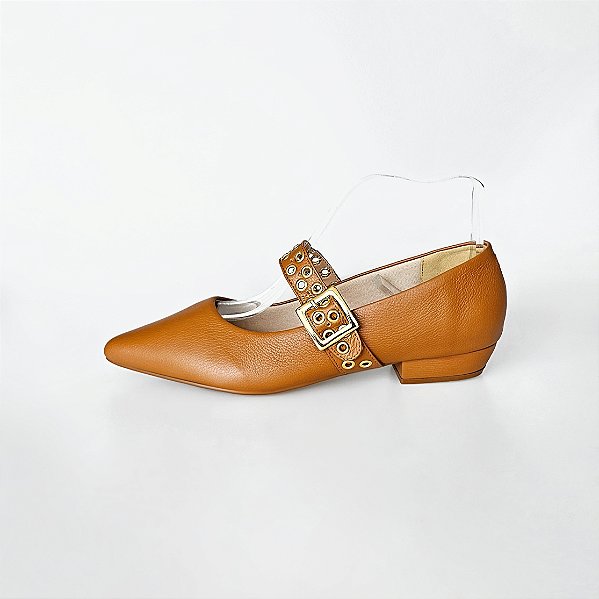 SCARPIN SALTO BLOCO COURO CARAMELO CONFORTAVEL