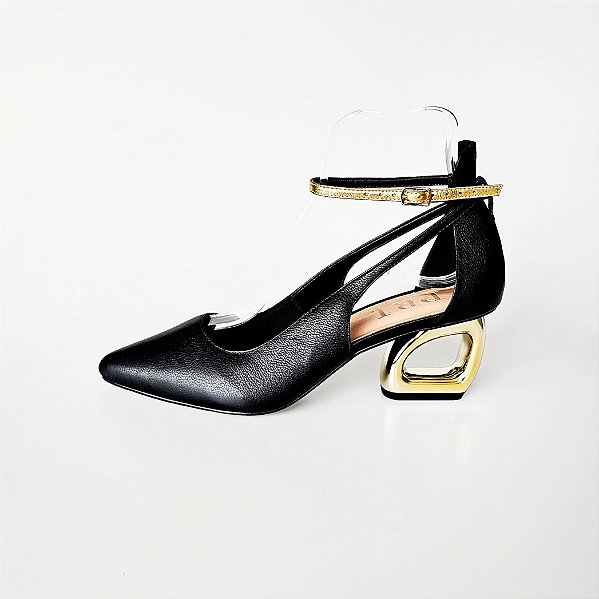 SCARPIN SALTO GEOMETRICO COURO PRETO DOURADO CONFORTAVEL