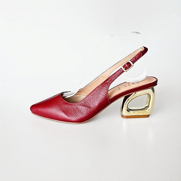 SCARPIN SALTO GEOMETRICO COURO VINHO CONFORTAVEL