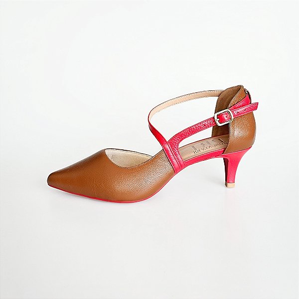 SCARPIN SALTO FINO COURO MARROM VERMELHO CAMPARI CONFORTAVEL