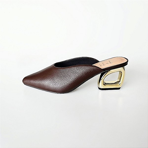 MULE SALTO GEOMETRICO COURO CAFE CONFORTAVEL