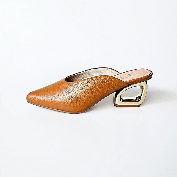 MULE SALTO GEOMETRICO COURO CARAMELO CONFORTAVEL