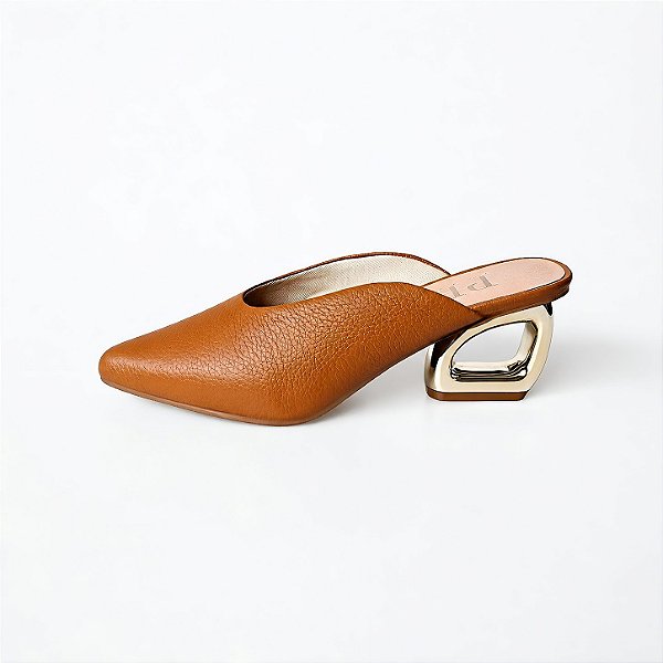 MULE SALTO GEOMETRICO COURO CARAMELO CONFORTAVEL