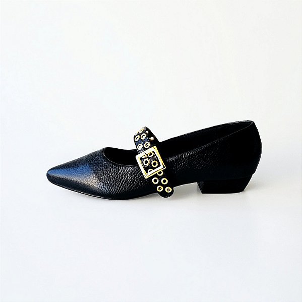 SCARPIN SALTO BLOCO COURO PRETO CONFORTAVEL