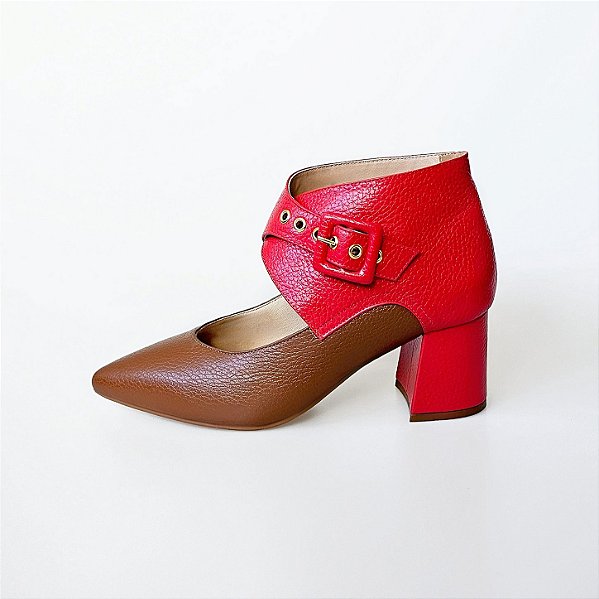 BOTA SALTO BLOCO COURO MARROM VERMELHO CAMPARI CONFORTAVEL