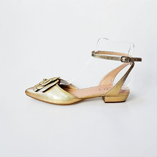 SCARPIN SALTO BLOCO COURO DOURADO CONFORTAVEL