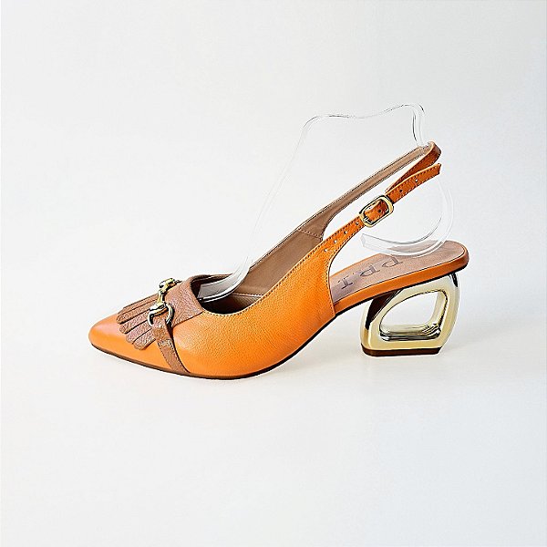 SCARPIN SALTO GEOMETRICO COURO LARANJA NUDE MEDIO CONFORTAVEL