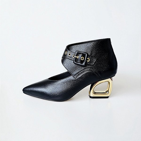 BOTA SALTO GEOMETRICO COURO PRETO CONFORTAVEL