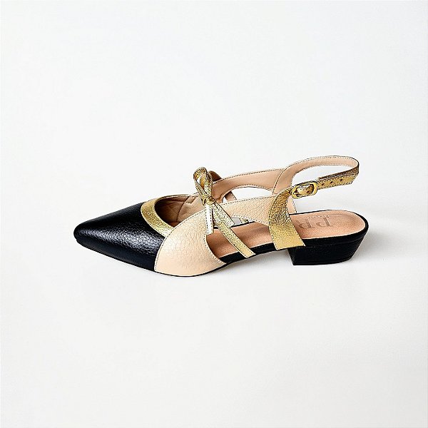 SCARPIN SALTO BLOCO PRETO NUDE CLARO DOURADO CONFORTAVEL