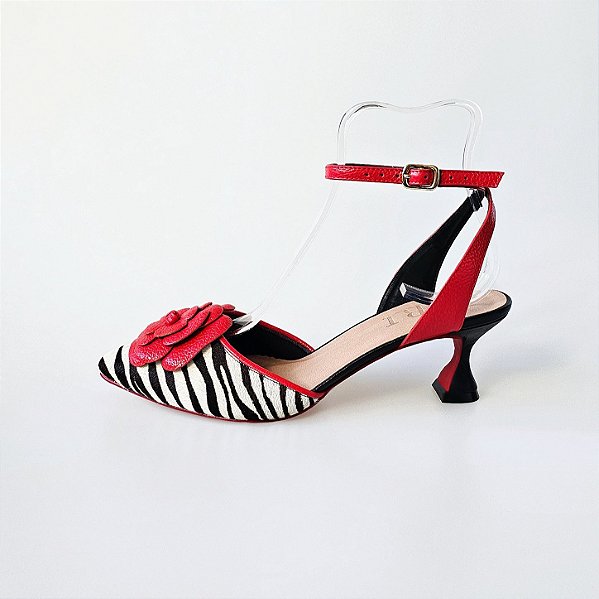 SCARPIN SALTO TACA ZEBRA VERMELHO CAMPARI PRETO CONFORTAVEL