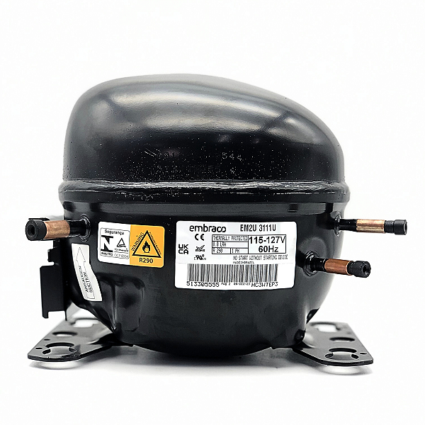 Motor Compressor 1/6 HP EM2U3111U Gás R290A Embraco 110V