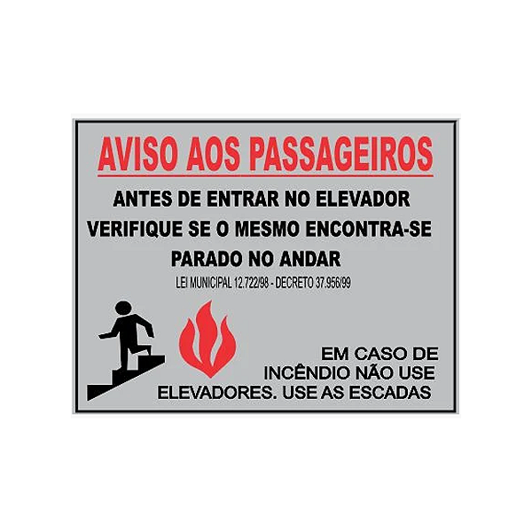 Placa Para Elevador – Aviso Passageiros | Lei 9.502/97
