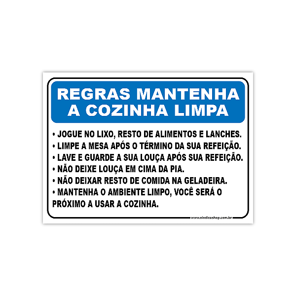 Placa Regras – Mantenha a Cozinha Limpa - 25x18 cm